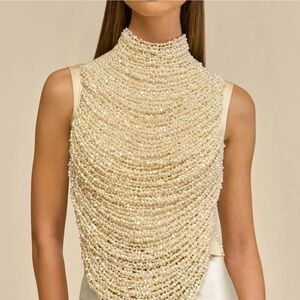 cult gaia Cream Pearl-Embellished Sleeveless Bib Top